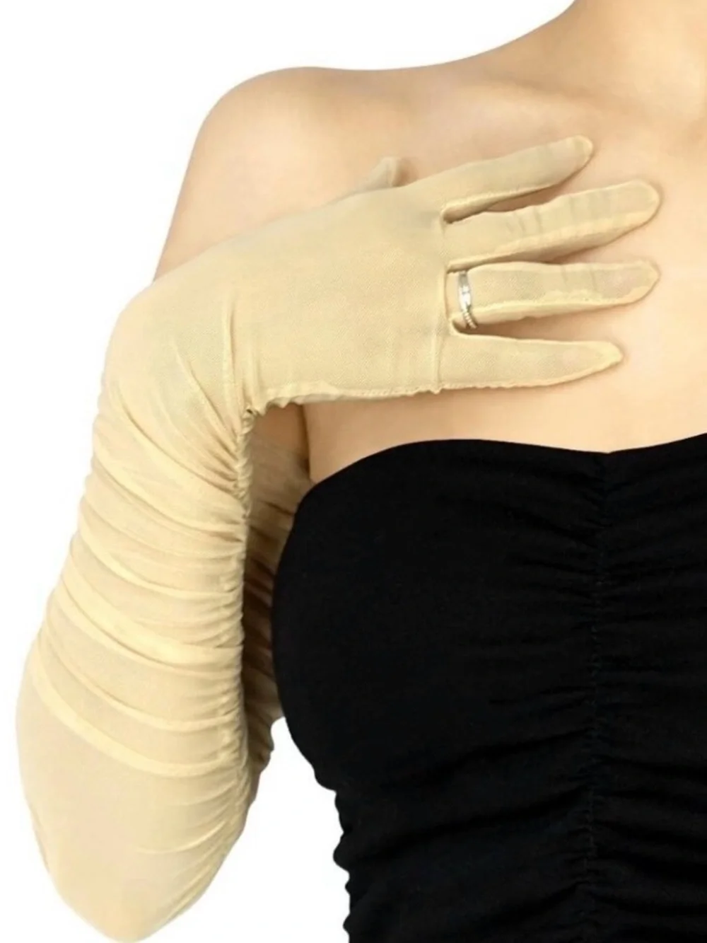 Elegant champagne colored long opera gloves, prom, wedding, balletcore NWOT